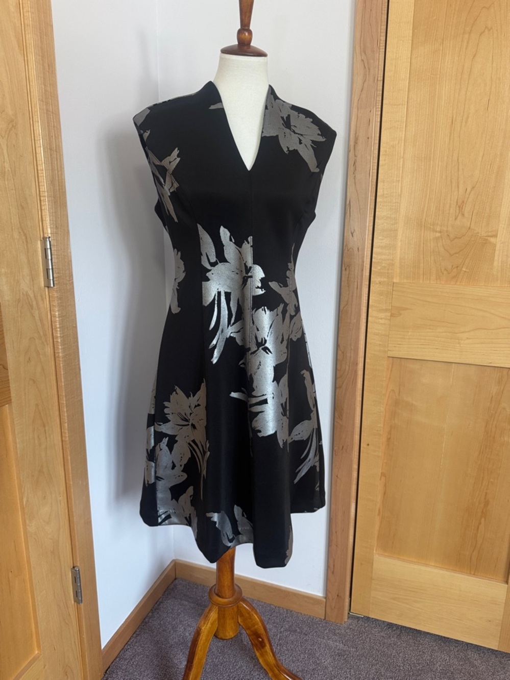 Black Floral Sheath Dress with Silver Bloom